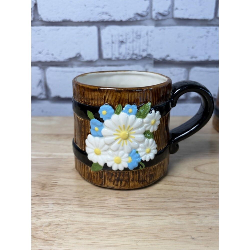 4 Atlantic Mold Ceramic Flower Barrel Coffee Mugs 1979 Handmade Vintage Mint - Picture 2 of 11